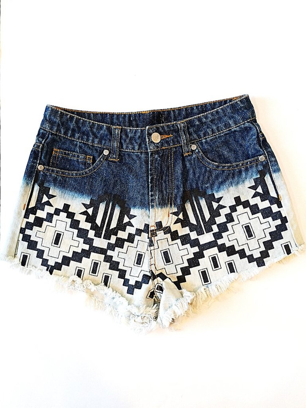 Minkpink Denim Shorts for Women, Dip-Dyed with Tribal Pattern, Size XS